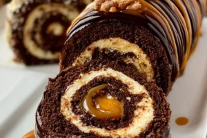 Ultimate chocolate caramel swiss roll dessert with creamy filling and rich chocolate.