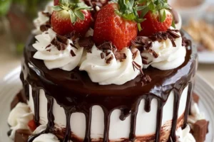 Ultimate Chocolate Strawberry Drip Cake adorned with fresh strawberries and chocolate glaze