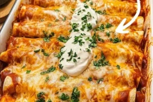 Delicious quick and easy chicken enchiladas topped with cheese and cilantro.