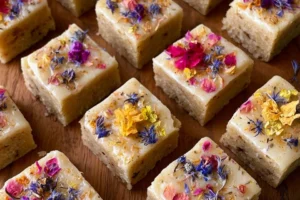 Vanilla Bean Floral Shortbread Bars with floral decoration