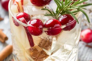 A glass of White Christmas Sangria with festive fruits and spices
