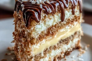White German Chocolate Cake topped with creamy cheesecake