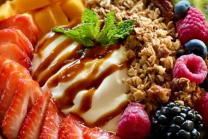A colorful yogurt fruit bowl topped with fresh fruits and nuts, perfect for a healthy meal.