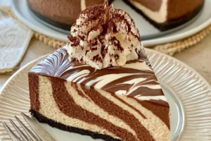 Zebra chocolate mousse cheesecake layered with rich chocolate and creamy mousse