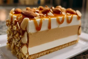 Delicious Almond Praline Mousse Cake with layers of praline and cream