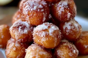 Delicious apple fritter bites on a plate, showcasing their crispy texture and apple filling.