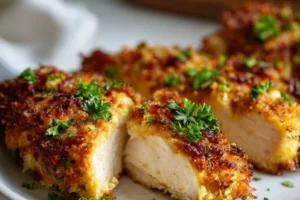 Baked Parmesan Crusted Chicken on a plate garnished with herbs