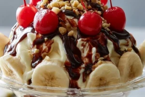 Delicious banana split trifle with layers of bananas, cream, and chocolate drizzle