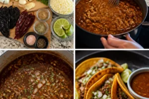 Delicious birria tacos served with savory broth and fresh toppings.