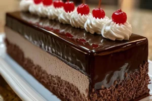 Delicious Cherry Chocolate Mousse Cake topped with fresh cherries and chocolate shavings.
