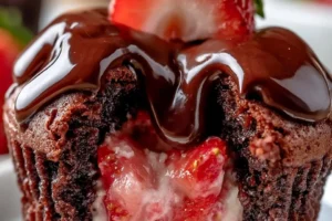 Chocolate Covered Strawberry Cupcakes decorated with fresh strawberries and chocolate drizzle