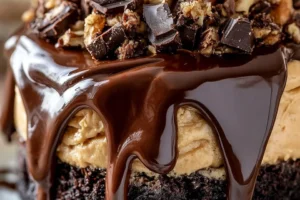 Delicious Chocolate Peanut Butter Poke Cake with creamy toppings