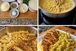 Creamy garlic parmesan chicken pasta served in a bowl with herbs and grated cheese