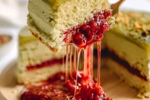 No-bake pistachio raspberry cake with ladyfingers and creamy layers