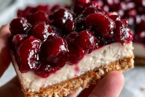 No-bake vegan cherry cheesecake bars topped with fresh cherries and coconut cream