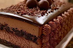 Decadent dark chocolate truffle mousse cake topped with chocolate shavings