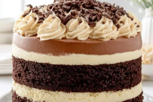 Decadent triple-chocolate mousse cake with layers of rich chocolate and whipped cream