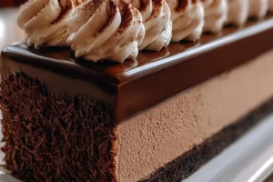 Delicious Espresso-Chocolate Mousse Cake topped with rich chocolate shavings