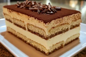 Decadent Espresso Mascarpone Mousse Cake garnished with cocoa and coffee beans