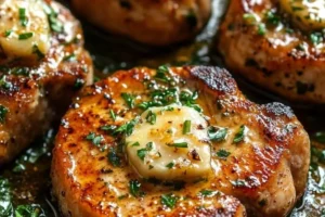 Garlic butter pan-seared pork chops served with herbs and vegetables