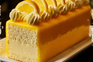 Delicious homemade Lemon Mousse Cake with fresh lemon garnishes