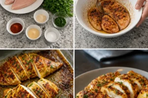 Juicy melt in your mouth chicken breast served on a plate with herbs