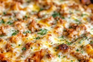 Delicious Million Dollar Baked Ziti topped with melted cheese and herbs.