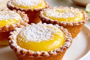 Mini lemon impossible pies served on a plate with garnishing.