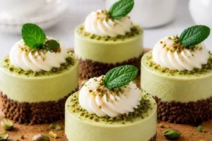 Mini Pistachio Cheesecake Bites topped with crushed pistachios on a plate
