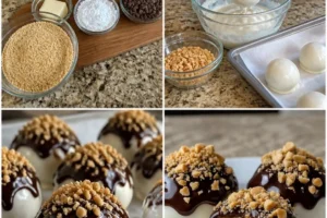 No-Bake Peanut Butter Cheesecake Balls on a white plate ready to serve