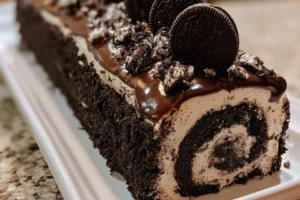 A decadent Oreo cookies and cream cake topped with crushed Oreos and cream frosting
