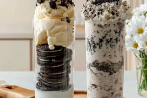 Delicious Oreo milkshake topped with whipped cream and Oreo cookies