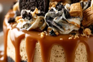 Delicious Peanut Butter Oreo Cheesecake topped with crushed Oreos and drizzled with peanut butter.