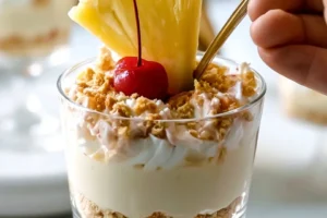Delicious Pina Colada Cheesecake Mousse garnished with tropical fruit