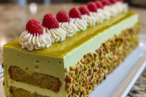 Pistachio Cream Mousse Cake garnished with crushed pistachios and cream