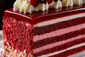 Raspberry Red Velvet Mousse Layer Cake showcasing rich red color and creamy texture.
