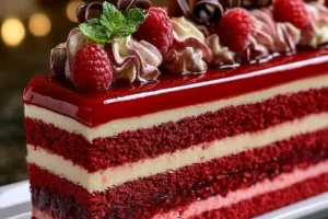Slice of Raspberry Red Velvet Mousse Layer Cake with fresh raspberries on top