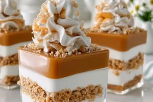 Delicious salted caramel cheesecake parfaits served in elegant cups