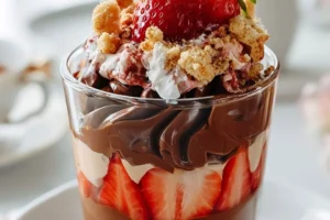 Delicious strawberry and chocolate mousse dessert served in a glass