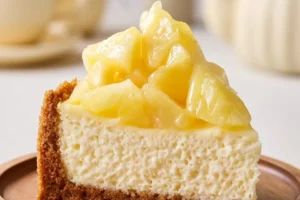 A delicious slice of Tropical Pineapple Mousse Cheesecake garnished with pineapple.