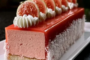 Tropical Pink Guava Coconut Mousse Slice with glossy guava mirror glaze