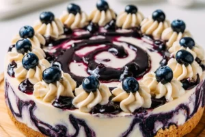 Slice of white chocolate and blueberry cheesecake with fresh blueberries on top