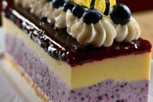 Zesty lemon blueberry mousse cake topped with fresh blueberries and lemon zest