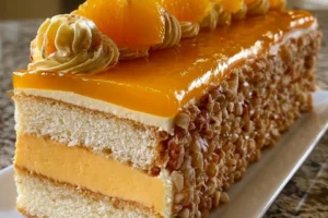 Apricot Almond Bavarian Cream Cake topped with fresh apricots and almonds