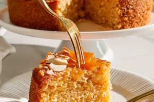 Slice of moist Apricot-Almond Cake with apricot and almond toppings