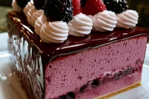 Delicious Blackberry Mousse Cake topped with fresh blackberries and chocolate