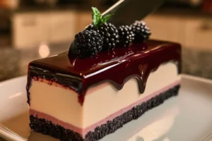 Blackberry vanilla bean mousse cake with dark berry mirror glaze