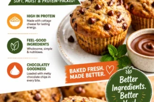 Chocolate chip cottage cheese muffins on a plate with a sprinkle of chocolate chips
