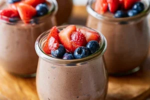 Creamy chocolate protein pudding served in a bowl, topped with chocolate shavings.