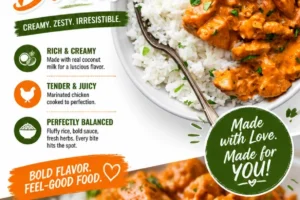 Coconut-Infused Chicken Rice Bowl with garnishes and fresh herbs
